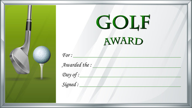 Golf award certificate template with club, ball, and fillable fields on green and white background.