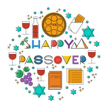 Colorful Passover-themed illustration with matzah, wine, grapes, Haggadah, Star of David, and "Happy Passover" text in playful typography.