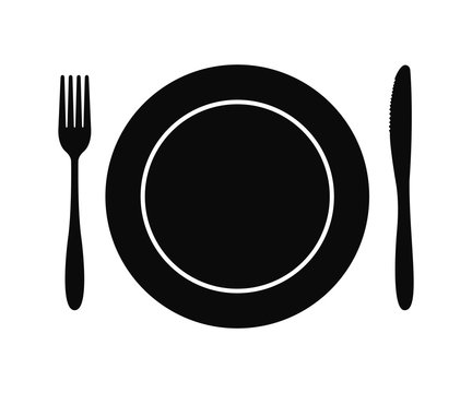 Black silhouette of a dinner plate with fork on left and knife on right, minimalist table setting icon.