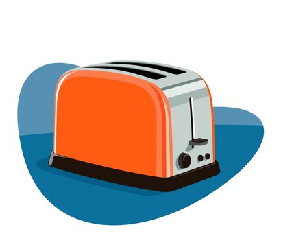 Bright orange vintage-style two-slice toaster with chrome accents on a blue abstract background.