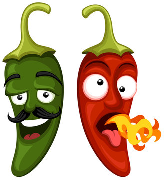 Two cartoon chili peppers-one green with a mustache, one red breathing fire-expressing spice levels humorously.