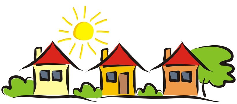 Three colorful cartoon houses under a bright sun with green bushes and a tree.