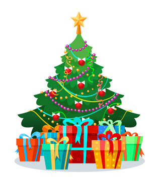 Festive Christmas Tree with Gifts - Holiday Decoration Illustration