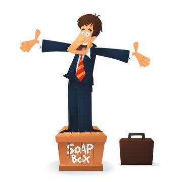 Stressed businessman standing on a soapbox labeled "SOAP BOX", arms outstretched, briefcase nearby.