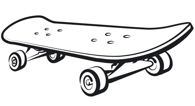 Black-and-white line drawing of a classic skateboard with four wheels and grip tape holes.