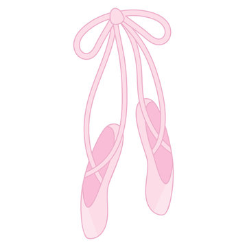 Pink ballet pointe shoes with ribbons tied in a bow, illustrated in soft pastel style.