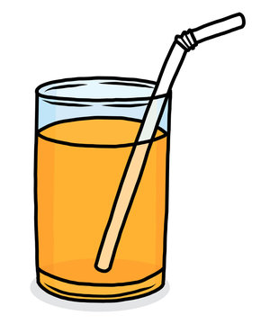 A clear glass filled with orange juice and a white bendy straw, illustrated in simple line art style.