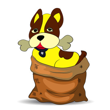 Cartoon dog with yellow body and brown patches sitting inside a burlap sack, holding a bone in its mouth.