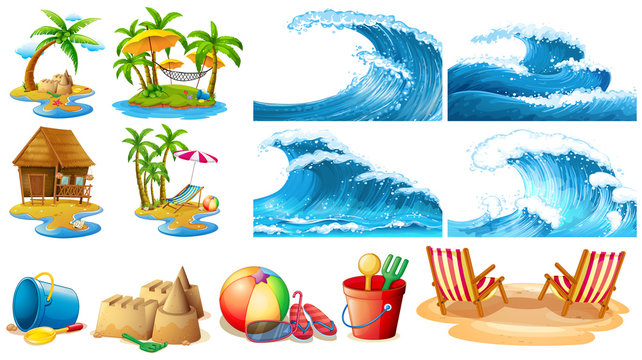 Beach-themed clipart set featuring palm trees, huts, waves, sandcastles, buckets, flip-flops, and lounge chairs.