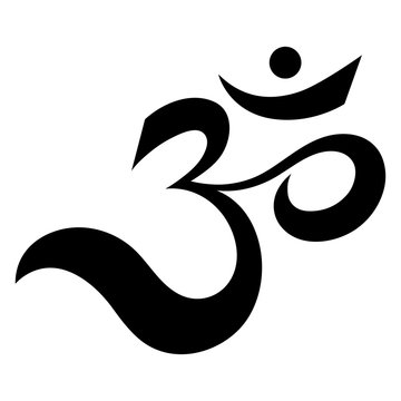 Black Om (Aum) symbol on white background, a sacred spiritual icon in Hinduism, Buddhism, and Jainism.
