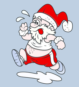 Santa Claus in red hat and shorts running energetically, sweating, with puddle below.
