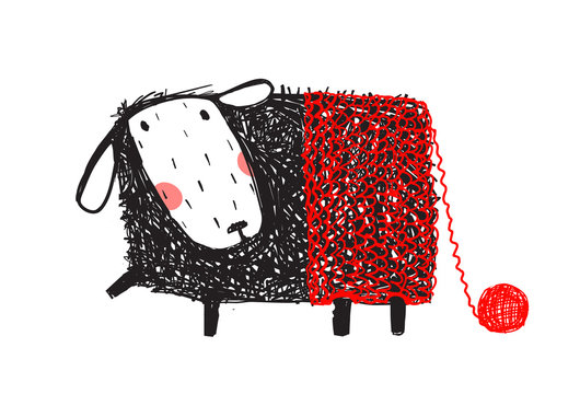 A whimsical black-and-white sheep with a red knitted wool section and a trailing yarn ball.