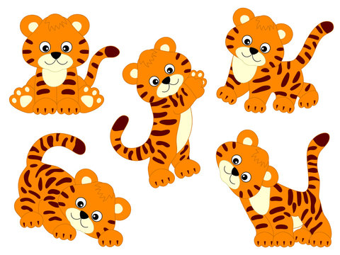 Five cute cartoon tiger cubs in playful poses with orange fur and black stripes.