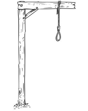 A hand-drawn wooden gallows with a noose hanging from the crossbeam, rendered in black-and-white sketch style.