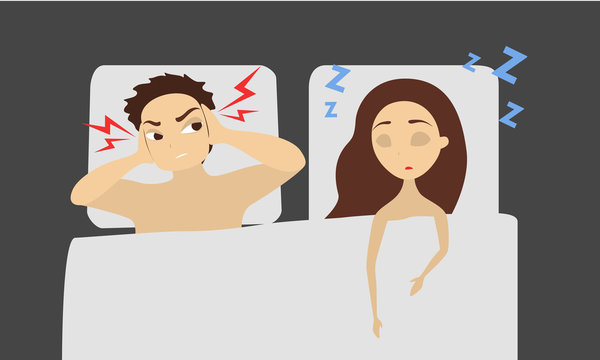 Man covering ears in bed while woman snores loudly beside him, illustrating sleep disruption due to snoring.