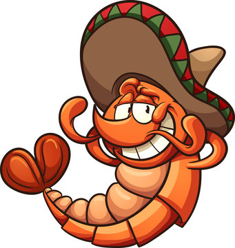 Cheerful cartoon shrimp wearing a colorful sombrero, smiling with raised claws.