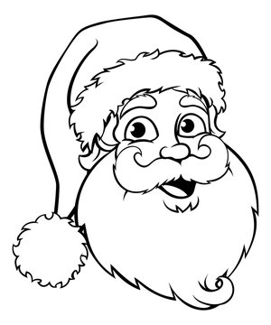 Black-and-white line drawing of a cheerful Santa Claus with fluffy beard, mustache, and hat pom-pom.