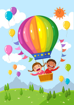 Two joyful children riding in a colorful hot air balloon surrounded by floating balloons and a sunny sky.