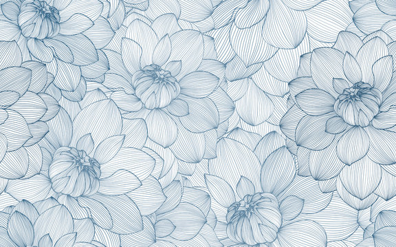 Delicate blue line-art floral pattern with overlapping dahlia-style blossoms on white background.