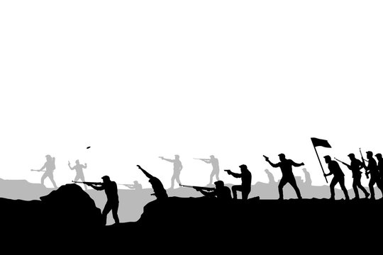 Silhouette of soldiers in combat, advancing with rifles and a flag over battlefield terrain.