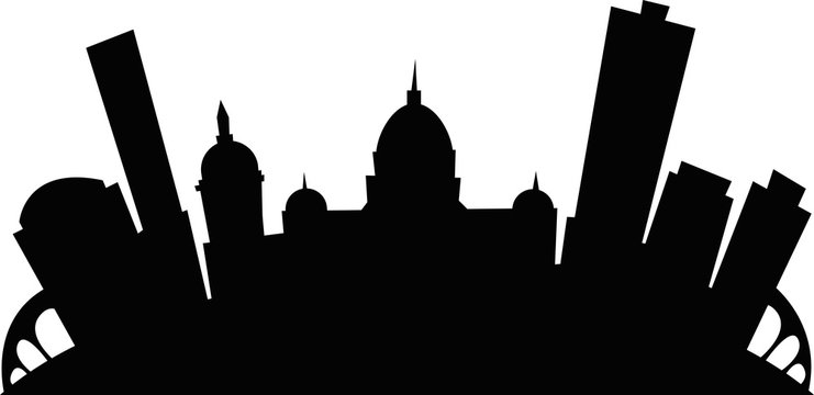 Silhouette of a city skyline featuring domed historic buildings and modern skyscrapers against a white background.