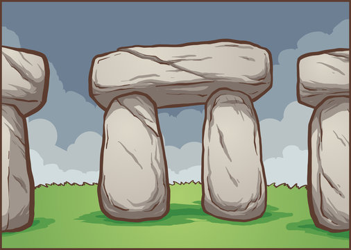 Cartoon-style illustration of Stonehenge with standing stones and lintels on green grass under a cloudy sky.