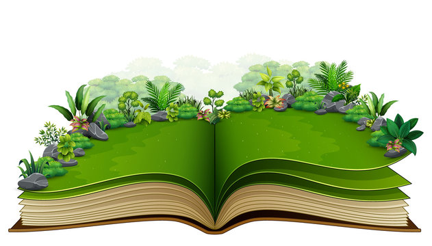 Open book with lush green landscape, plants, and rocks emerging from its pages.
