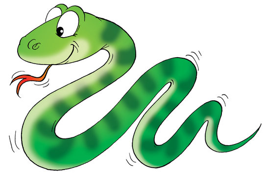 Friendly cartoon green snake with striped pattern, smiling face, and flicking orange tongue.