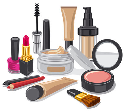 Collection of makeup products including lipstick, mascara, foundation, blush, nail polish, and brushes on white background.
