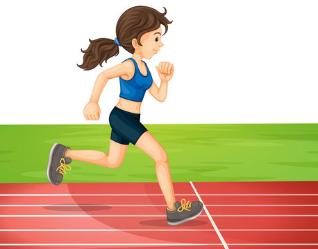 A young woman in athletic wear sprinting on a red running track with green field background.
