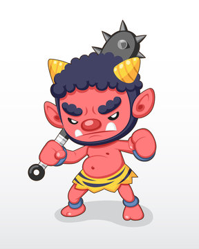 Angry red demon character with spiked mohawk, horns, and a spiked club.