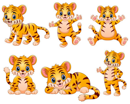 Six cheerful cartoon tiger cubs in various playful poses on white background.
