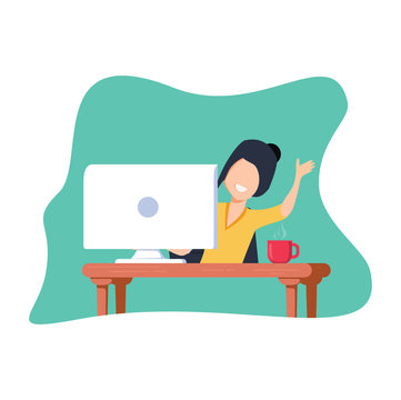 A smiling woman waves while working at a desk with a computer and coffee cup, in a flat vector illustration style.
