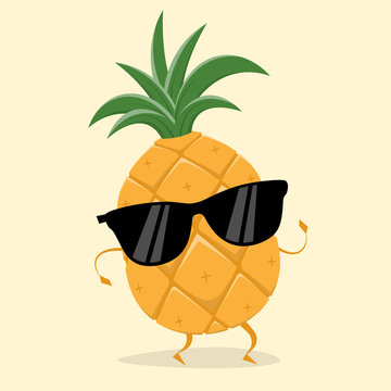 A cartoon pineapple wearing black sunglasses, dancing with arms and legs, against a light beige background.