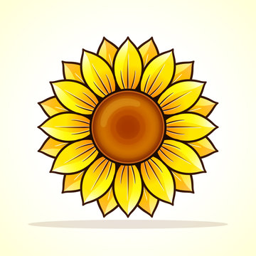Bright yellow cartoon-style sunflower with brown center and layered petals on light background.