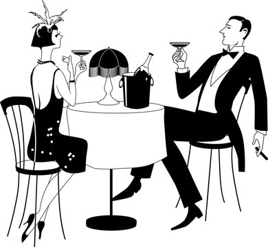 Elegant 1920s couple dining at a table with cocktails, lamp, and champagne bucket in Art Deco style illustration.