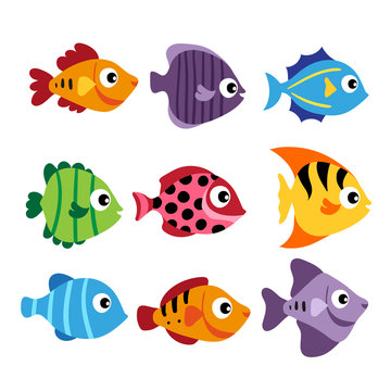 Nine colorful cartoon fish in various patterns and hues arranged in a 3x3 grid on white background.