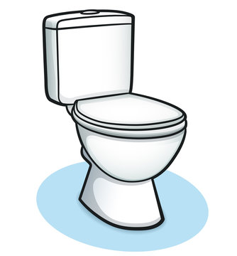 White ceramic toilet with closed lid, set on a light blue circular base, illustrated in clean line art style.