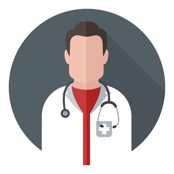 Male doctor icon with stethoscope and red tie, flat design in circular frame.