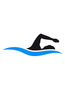 Black silhouette of a swimmer performing freestyle stroke over a blue wave.
