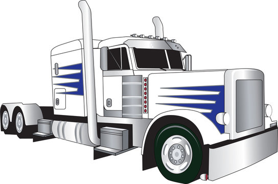 White semi-truck with blue stripes, chrome accents, and dual exhaust stacks, shown in side profile illustration.