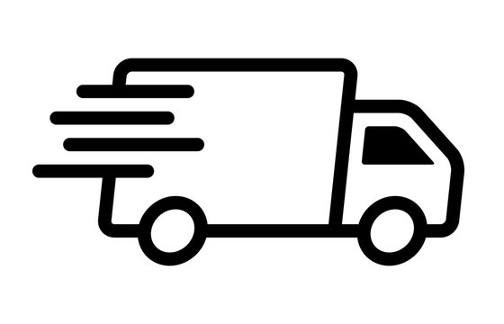 Black-and-white line icon of a delivery truck with motion lines indicating speed.