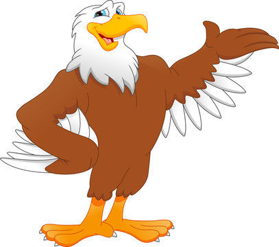 Friendly cartoon bald eagle with brown body, white head, and outstretched wing pointing right.