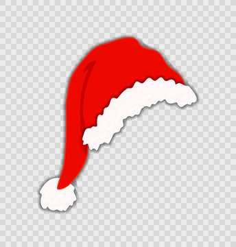 Red Santa hat with white trim and pom-pom on transparent background