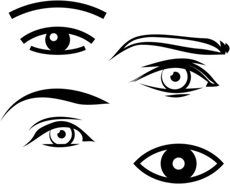 Four stylized black-and-white illustrations of human eyes with varying eyebrow shapes and expressions.