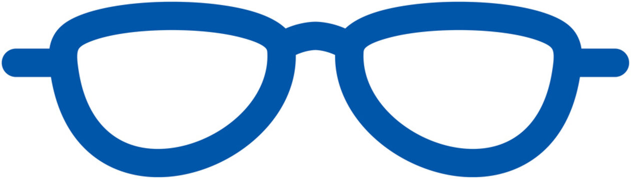 Blue minimalist glasses icon on white background, representing vision, eyewear, or accessibility.