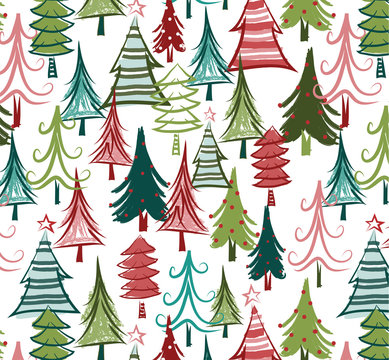 Hand-Drawn Christmas Tree Pattern - Festive Seamless Design for Holiday Projects