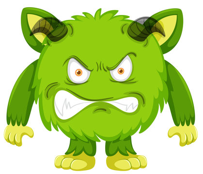 Angry green cartoon monster with horns, sharp teeth, and fierce expression.