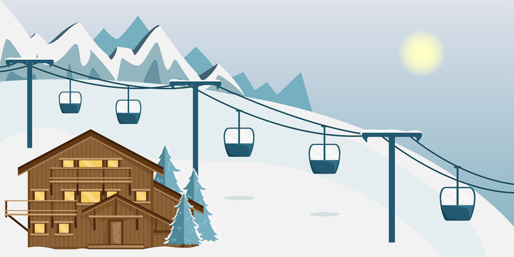 Cozy wooden chalet with ski lift and snowy mountains under a bright sun.