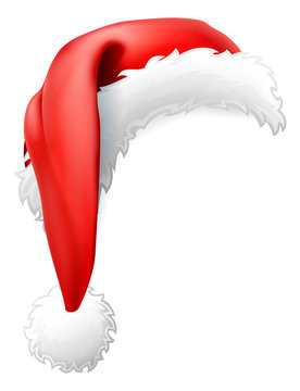 Red Santa hat with white fur trim and pom-pom, isolated on white background.